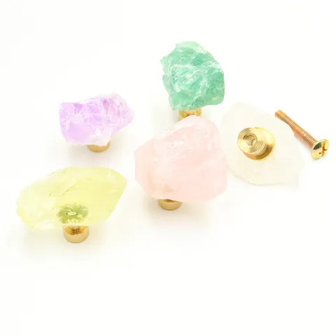Natural Raw Stone Crystal Pure Copper Single Hole Cabinet Handle Minimalist Kitchen Drawer Dresser Door Pull Knob