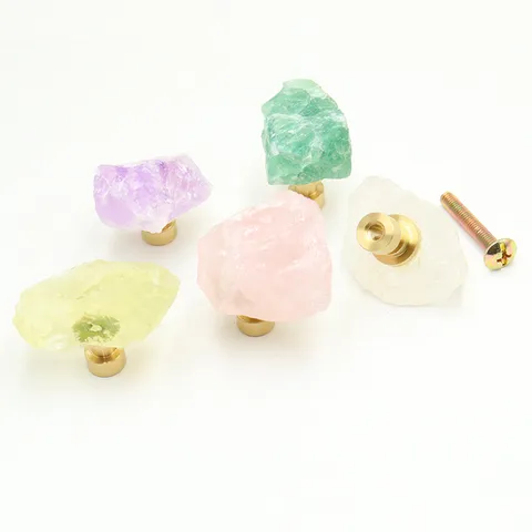 Natural Raw Stone Crystal Pure Copper Single Hole Cabinet Handle Minimalist Kitchen Drawer Dresser Door Pull Knob