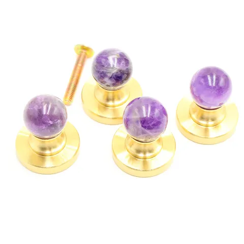 Natural Amethyst Stone Cabinet Knob With Pure Copper Base Luxury Crystal Drawer Pulls Furniture Hardware Pull For Home Decor