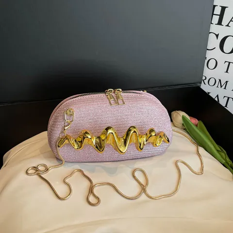 Damen Mode Umhängetasche Luxus Glitzerstoff Kleine Pendler Handtasche Mit Metallkette Und Einzigartigem Wellengriff
