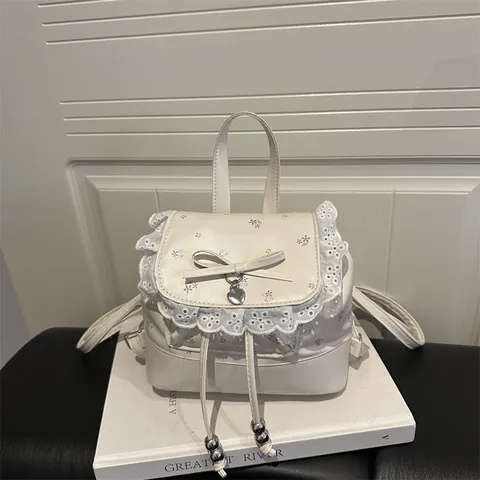 Mini Sac à Dos Floral en Dentelle Douce pour Femme Cuir PU Sac de Voyage Décontracté Nœud Papillon Mignon Sac d'École