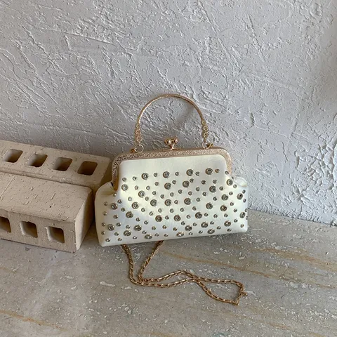 Sac Bandoulière pour Femmes en Cuir PU Strass Fermoir Baiser Élégant Cadre Métallique Sac à Main de Soirée
