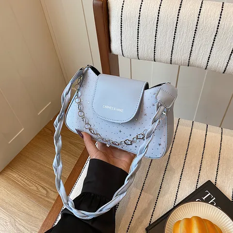 Sac a Main d'Aisselle en Cuir PU Mode pour Femmes Sac a Bandouliere Gaufre en Etoile Poignee Treciee Chaine en Metal pour Trajet