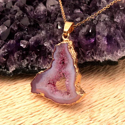 Natural Agate Geode Pendant Irregular Crystal Stone Gold Electroplated Edged Quartz Charms For DIY Necklace Making Jewelry Accessories