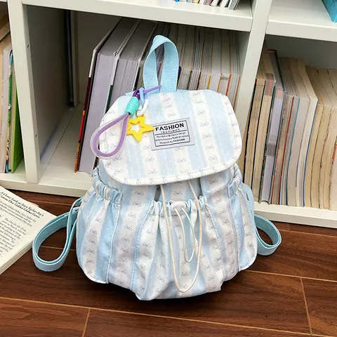 Women Canvas Backpack Large Capacity Casual Striped School Bag Cute Bowknot Travel Daypack With Pendant