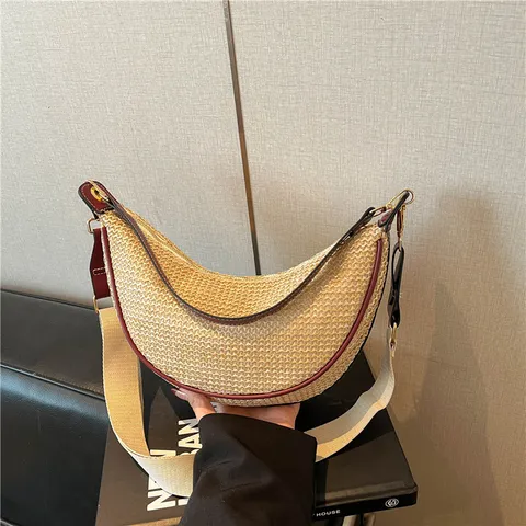 Womens Straw Woven Shoulder Bag Casual Simple Half Moon Crossbody Bag Summer Beach Woven Handbag Underarm Bag
