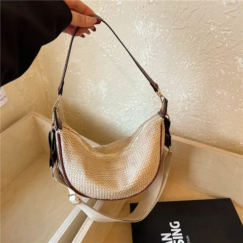 Womens Straw Woven Shoulder Bag Casual Simple Half Moon Crossbody Bag Summer Beach Woven Handbag Underarm Bag
