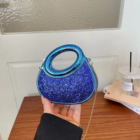 Women Crescent Acrylic Evening Bag Sparkly Sequins Mini Handbag Metallic Chain Shoulder Crossbody Bag Banquet Purse