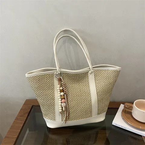 Womens Straw Woven Tote Bag PU Leather Patchwork Casual Summer Beach Shoulder Bag Travel Handbag Top