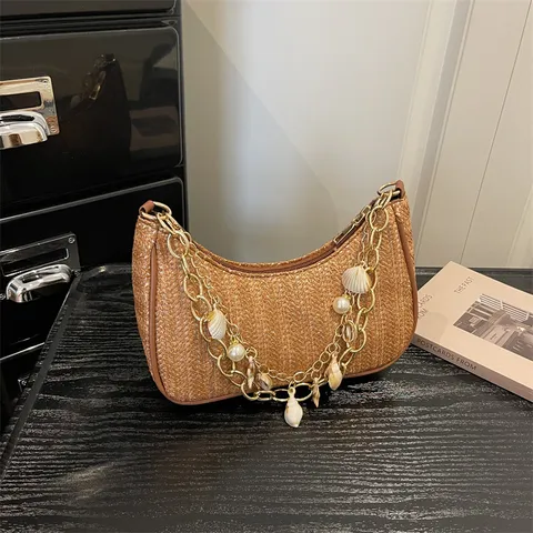 Womens Fashion Woven Straw Shoulder Bag Summer Beach Underarm Handbag With Gold Chain And Pearl Decor