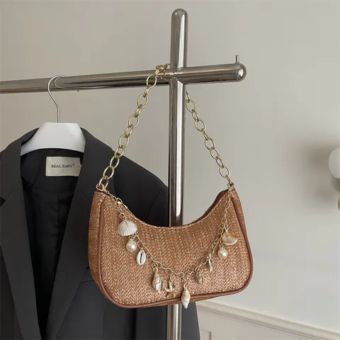 Womens Fashion Woven Straw Shoulder Bag Summer Beach Underarm Handbag With Gold Chain And Pearl Decor