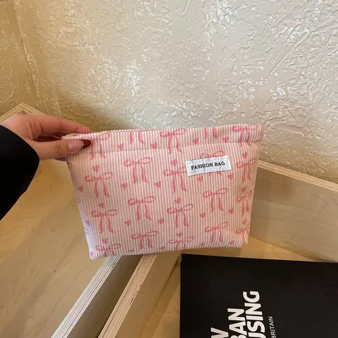 Sac Pochette en Toile Minimaliste Rayé Noeud Pochette de Maquillage Sac de Lavage Voyage Femmes Mode Décontracté Sac à Main