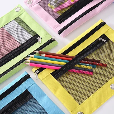 Bolsa Para Lápices De Doble Capa De Tela Oxford Con Ojales De 3 Agujeros Para Carpeta B5 Ventana De Cuadrícula De PVC Transparente