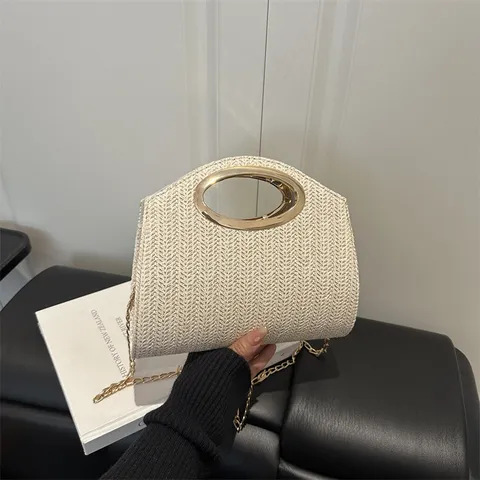 Borsa a Tracolla Tessuta di Paglia Moda Donna Casual Pendolarismo Crossbody Borsa Anello Metallico Borsetta Estate Spiaggia