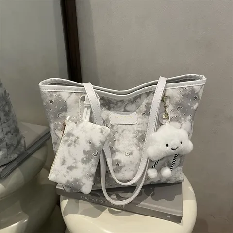 Casual Synthetic Leather Tote Bag Large Capacity Star Moon Print Shoulder Bag With Pouch And Cloud Pendant Commuter Bag