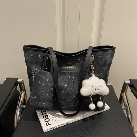 Casual Synthetic Leather Tote Bag Large Capacity Star Moon Print Shoulder Bag With Pouch And Cloud Pendant Commuter Bag