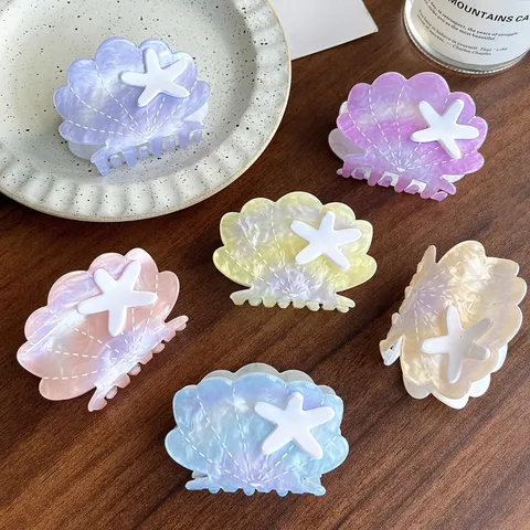 Ocean Series Seashell Starfish Hair Claw Gradient PVC Hair Clip Elegant Updo Shark Jaw Clip Hairpins Headwear For Women Casual Daily