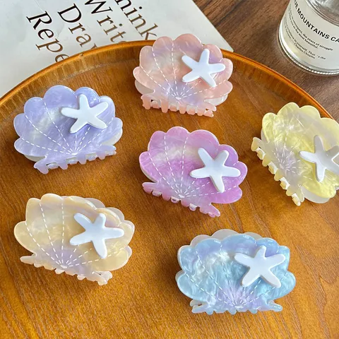 Ocean Series Seashell Starfish Hair Claw Gradient PVC Hair Clip Elegant Updo Shark Jaw Clip Hairpins Headwear For Women Casual Daily