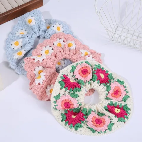 Chouchou Fleur Tricoté En Tissu Coton Crochet Élastique Bandeau Cheveux Porte Queue De Cheval Accessoires Cheveux Floraux Doux