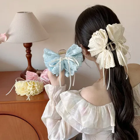 Sweet Lace Ruffle Ribbon Bow Hair Claw Clip Elegant Fabric Flower Hair Accessory Shark Clip For Women Girls Plastic Styling