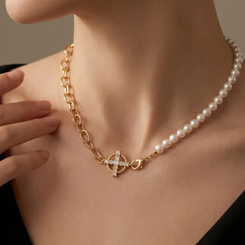 Cuivre Perle Artificielle Strass Croix Pendentif Collier Style Urbain Femmes Bijoux