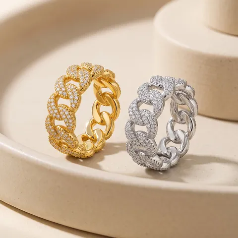 Anillo de Latón con Eslabón Cubano Estilo Europeo Americano Lujoso Anillo de Banda con Strass Joyería Galvanizada Brillante para Mujer Fiesta