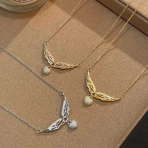 Collar con Colgante de Corazón con Alas de Ángel de Plata de Ley 925 Cadena de Clavícula de Circonia para Mujer