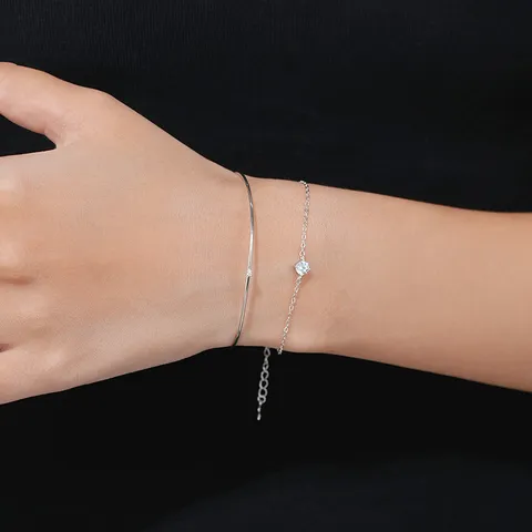 Brazalete de Plata de Ley S925 con Circonia para Mujer Minimalista Delicado de un Solo Diamante Pulsera de Doble Cadena en Capas Regalo de Joyería