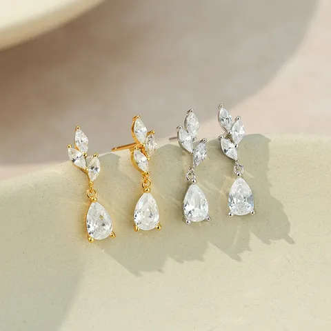 Pendientes de Botón de Plata de Ley 925 con Forma de Hoja y Gota de Agua Para Mujer Incrustación de Circonia Chapado en Oro 18K