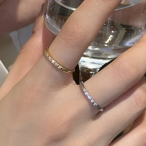 Anillo de Eternidad de Plata de Ley S925 con Circonia Fino Estilo Francés Bañado en Oro 14K Minimalista Micro Pavé Mujer