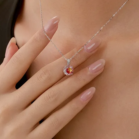 Collar con Colgante de Circonia Colorida Corte Rosa de Plata de Ley S925 para Mujer Joyería de Cadena de Clavícula Fina de Lujo Ligero