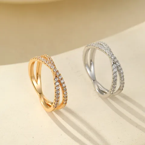 Elegante Anillo de Aleación de Varias Capas con Strass Cruzados para Mujer Anillo de Banda Doble Línea Geométrico Galvanizado Joyería de Dedo Regalo de Cumpleaños