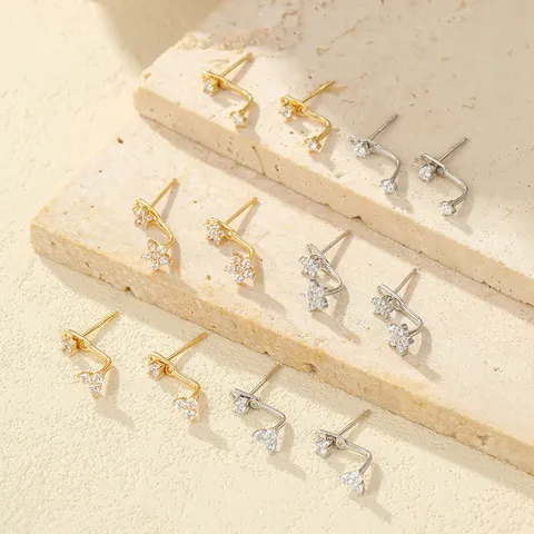 Pendientes de Botón Florales de Plata de Ley 925 para Mujer Diseño de Doble Uso Bañado en Oro con Strass Joyería de Moda