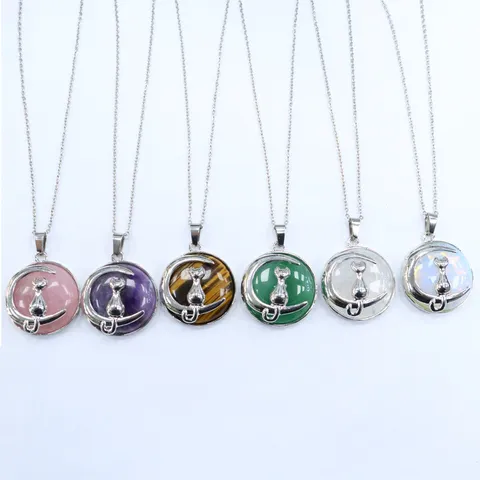 Natürlicher Kristall Mond Katze Anhänger Halskette Edelstahl Kette Halbedelstein Tier Schmuck Für Damen Geschenk