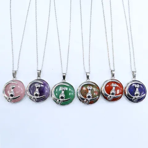 Natürlicher Kristall Mond Katze Anhänger Halskette Edelstahl Kette Halbedelstein Tier Schmuck Für Damen Geschenk