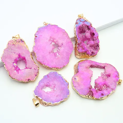 Natürlicher Achat Geode Anhänger Unregelmäßiger Kristall Rohstein Galvanisierter Goldrand Druzy Anhänger Nur Für DIY Halskette