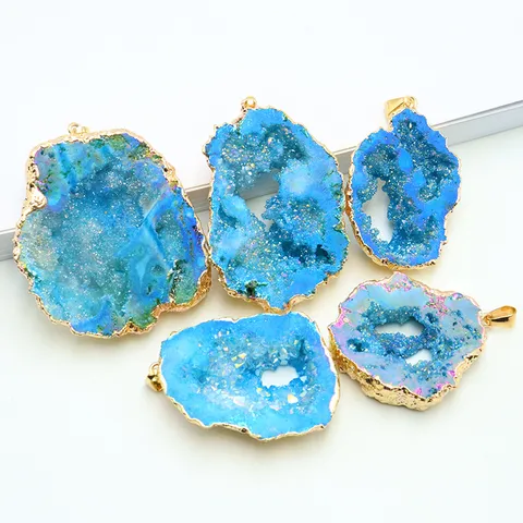 Natural Agate Geode Druzy Pendant Alloy Electroplated Gold Edge Irregular Crystal Quartz Stone Charms For DIY Necklace Jewelry Making