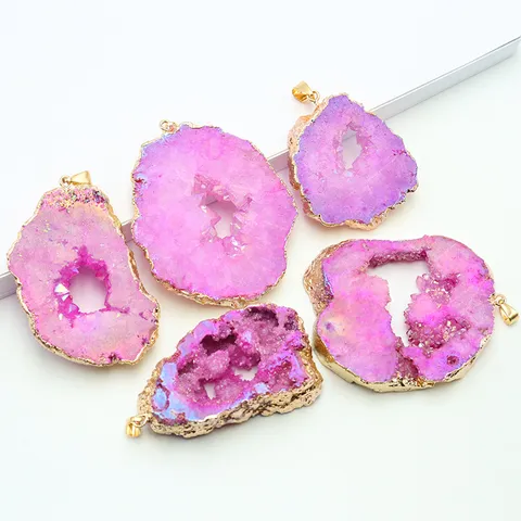 Natural Agate Geode Druzy Pendant Alloy Electroplated Gold Edge Irregular Crystal Quartz Stone Charms For DIY Necklace Jewelry Making