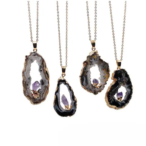 Natuurlijke Agaat Geode Hanger Alleen Zonder Ketting Braziliaanse Amethist Ruwe Steen Verguld Gouden Rand Kristallen Hanger Voor Vrouwen Sieraden