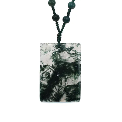 Collana con Ciondolo Quadrato in Agata Muschiata Naturale Per Uomo Donna Pietra Calcedonio Lucidata Accessorio Gioielli