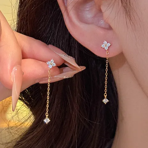 Pendientes Colgantes Minimalistas de Trébol de Cuatro Hojas Con Poste de Plata de Ley 925 Elegantes Pendientes de Strass para Mujer