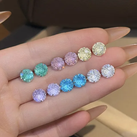 S999 Plata Pura Corte Fuego Artificial Circonita de Colores Pendientes de Botón para Mujer Redondos Geométricos Joyería
