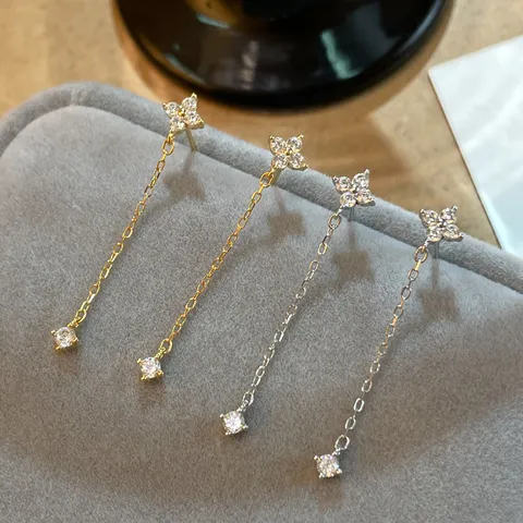 Pendientes Colgantes Minimalistas de Trébol de Cuatro Hojas Con Poste de Plata de Ley 925 Elegantes Pendientes de Strass para Mujer