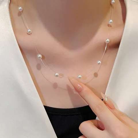 Silver Artificial Pearl Starlight Choker Necklace Niche Design Hidden Fishing Line Pearl Necklace Elegant Jewelry For Women