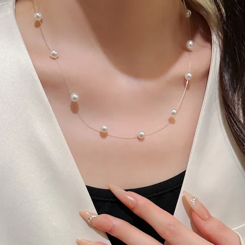 Silver Artificial Pearl Starlight Choker Necklace Niche Design Hidden Fishing Line Pearl Necklace Elegant Jewelry For Women