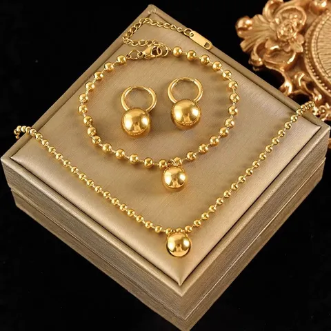 Minimalista Acciaio Inossidabile Perla Pendente Collana Braccialetto Orecchini Set Placcato Oro Geometrico Gioielli