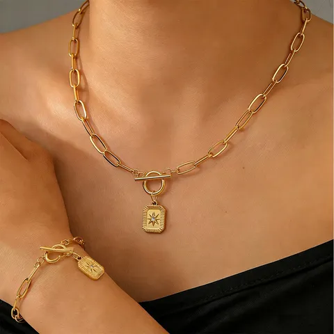Moda Acciaio Inossidabile Stella a Otto Punte Pendente Collana Braccialetto Set Placcato Oro Strass Gioielli Regalo