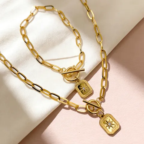 Moda Acciaio Inossidabile Stella a Otto Punte Pendente Collana Braccialetto Set Placcato Oro Strass Gioielli Regalo