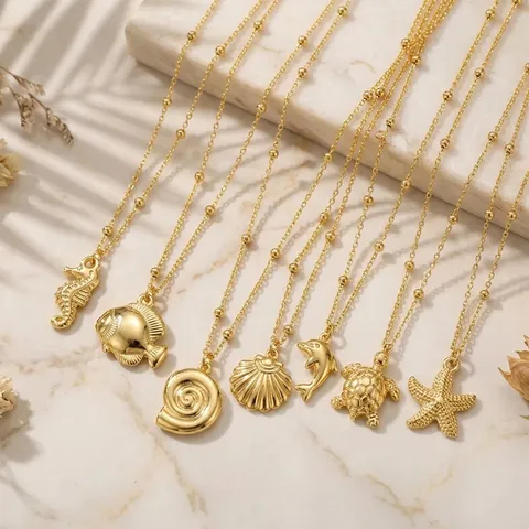 Lussuosa Collana Con Ciondolo Vita Marina In Acciaio Inossidabile 304 Da Donna Catena A Sfera Placcata Oro Tema Oceano Stella Marina Conchiglia Cavalluccio Marino Tartaruga Choker Gioielli Regalo