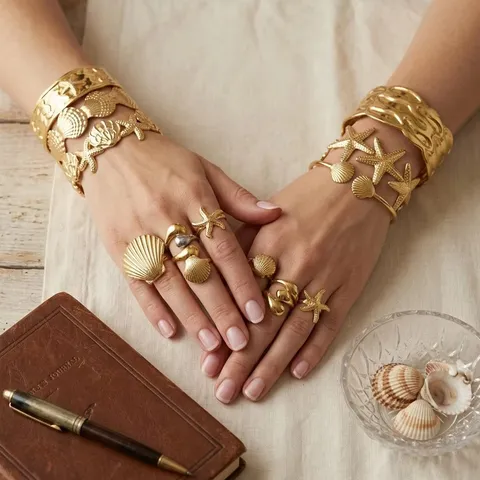 Set di Bracciale Rigido Aperto e Anello Regolabile in Acciaio Inossidabile Stile Oceano per Donna Set di Gioielli da Vacanza con Stella Marina e Conchiglia Dorata
